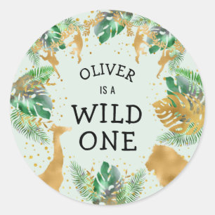 Sticker Rond Wild One Jungle Safari 1er anniversaire fête verte