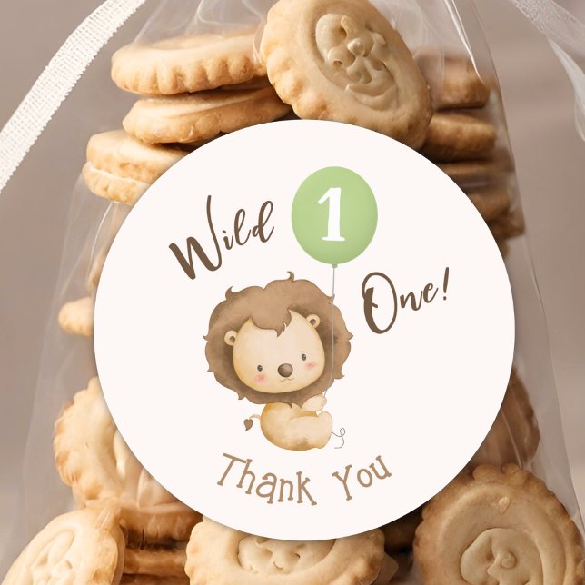 Sticker Rond Wild One Lion Sage Green Balloon Boy 1er anniversa (Créateur téléchargé)