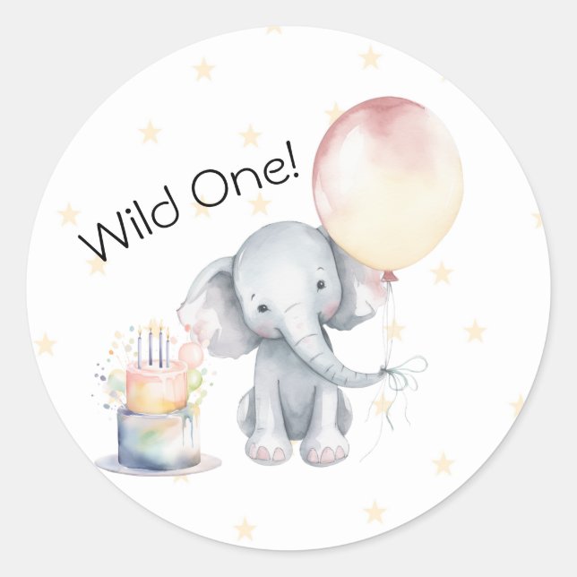 Sticker Rond Wild One mignonne Elephant Balloon Gâteau 1er anni (Devant)