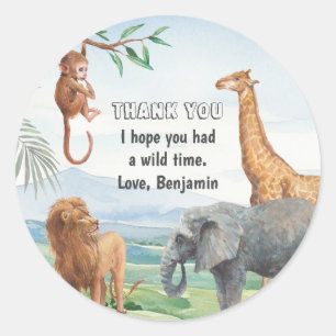 Sticker Rond Wild Safari Jungle Party Animaux Merci