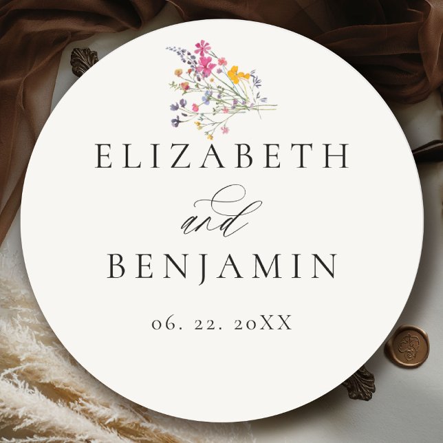 Sticker Rond Wildflower Grace Modern Floral Romantic Wedding (wildflower wedding theme sticker romantic colorful watercolor pastel floral timeless classic)