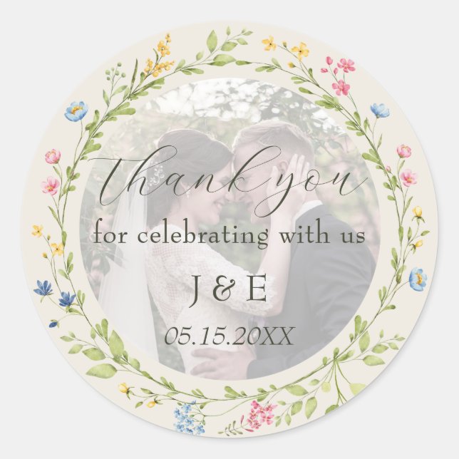 Sticker Rond Wildflower Photo Wedding Thank You (Devant)