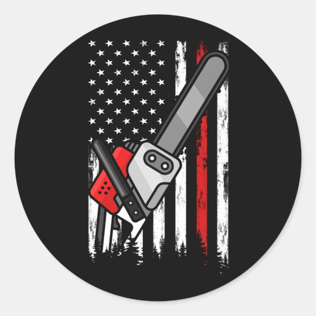 Sticker Rond Wildland Firefighter Chainsaw Red Line American Fl (Devant)