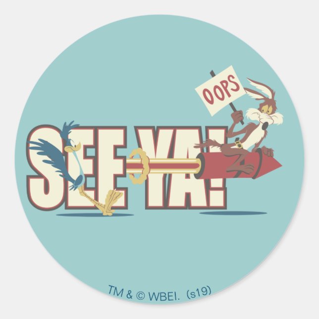 Sticker Rond WILE E. COYOTE™ Rocketing Past ROAD RUNNER™ (Devant)