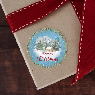 Sticker Rond Winter Forest Rustic Cabin Merry Christmas
