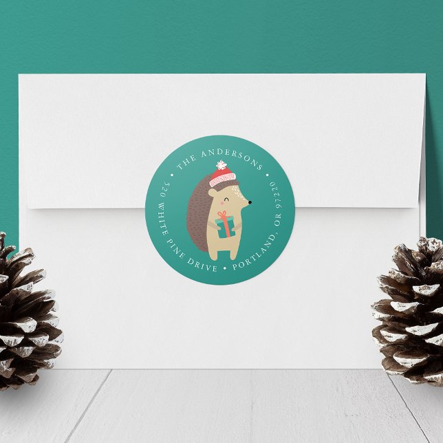Sticker Rond Winter Friends Hedgehog Holiday Adresse de retour (Créateur téléchargé)