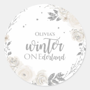 Sticker Rond Winter Onederland Fleurs Pailletées Argentées