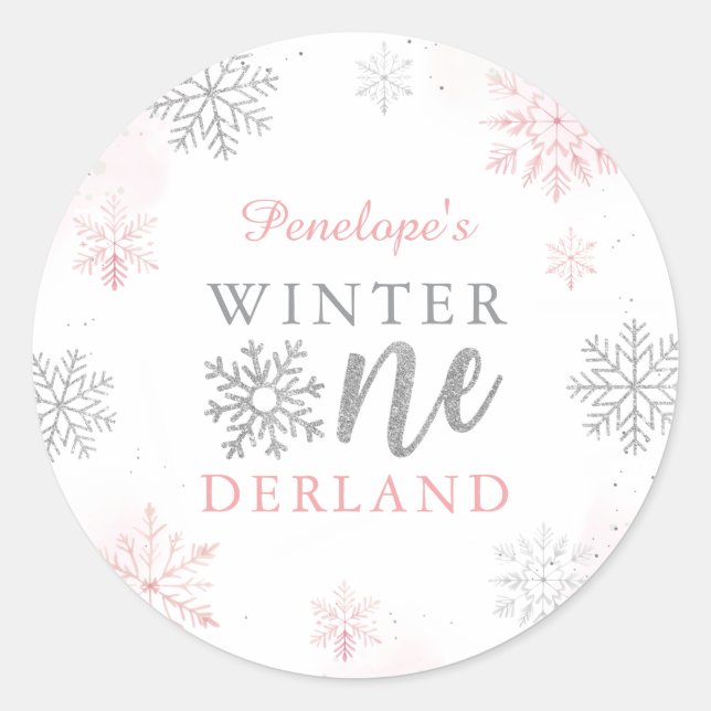 Sticker Rond Winter Onederland Silver Pink Parties scintillant  (Devant)