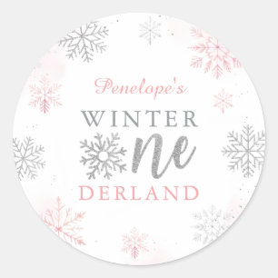 Sticker Rond Winter Onederland Silver Pink Parties scintillant 