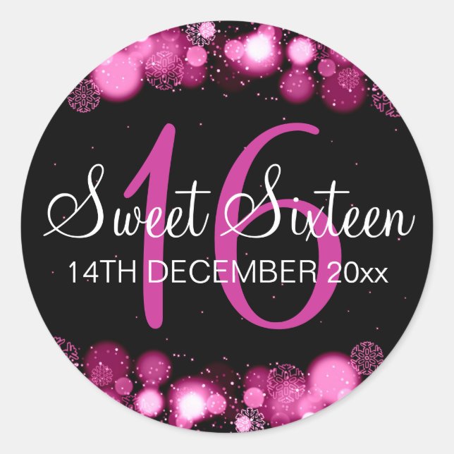 Sticker Rond Winter Sweet 16 Anniversaire Fête Rose Bokeh Lumiè (Devant)