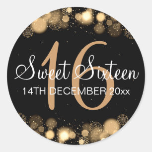 Sticker Rond Winter Sweet 16 Anniversaire Soirée Gold Bokeh Lum