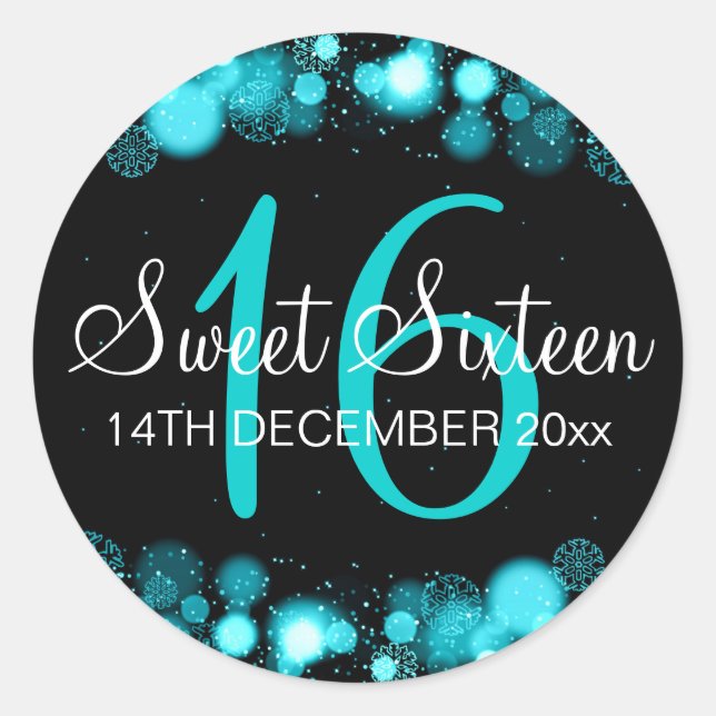 Sticker Rond Winter Sweet 16 Anniversaire Turquoise Bokeh Lumiè (Devant)