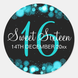 Sticker Rond Winter Sweet 16 Anniversaire Turquoise Bokeh Lumiè