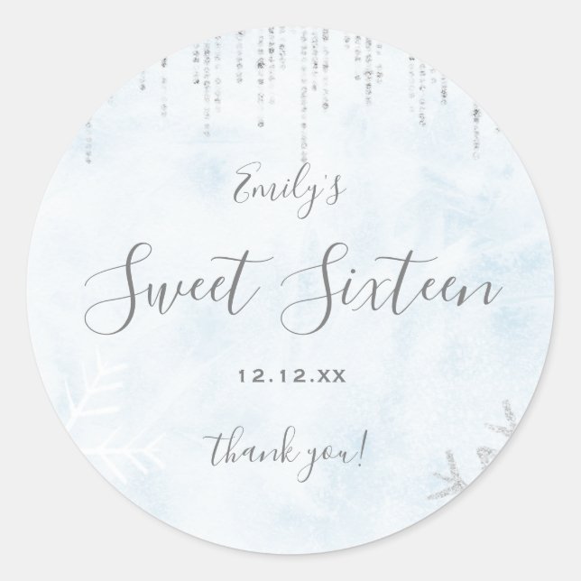 Sticker Rond Winter Wonderland Bleu Argent Neige Douce glace 16 (Devant)