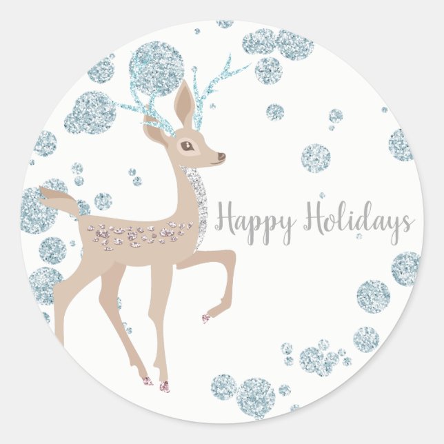 Sticker Rond Winter Wonderland Silver Sparkle Deer Party Favori (Devant)
