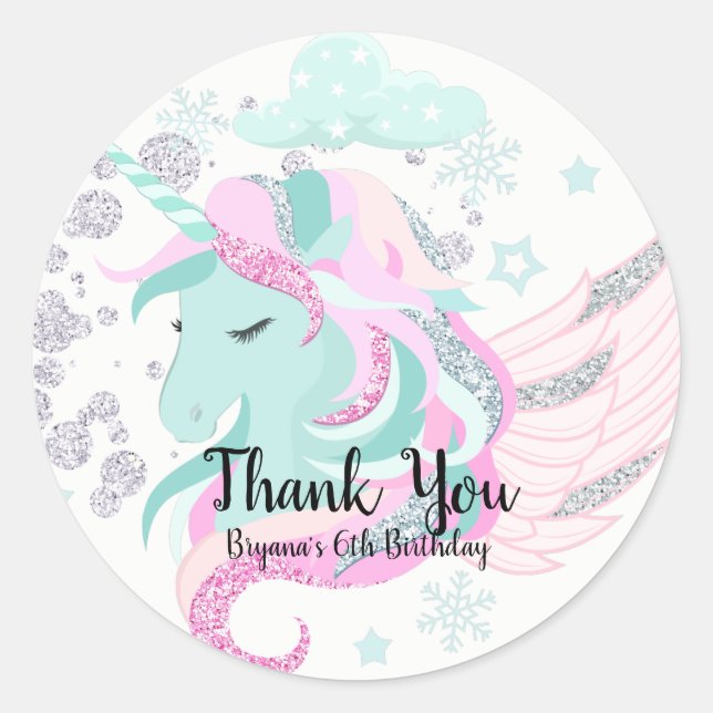 Sticker Rond Winter Wonderland Silver Sparkle Unicorne Party (Devant)