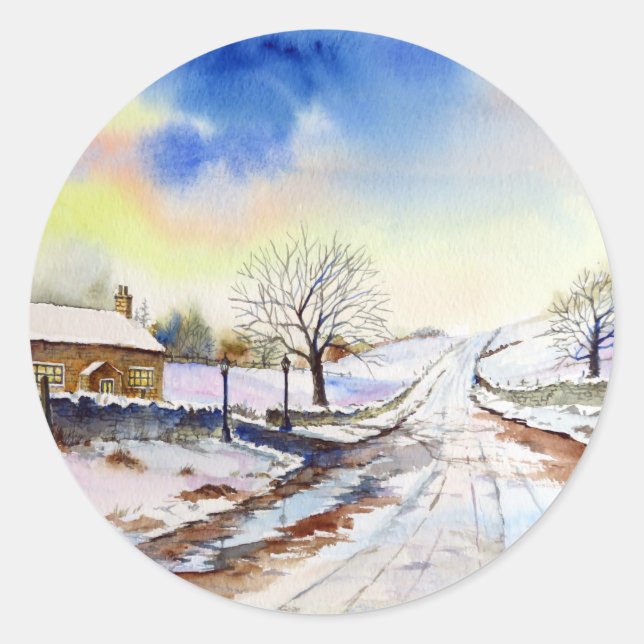 Sticker Rond Wintery Lane Watercolor (Devant)