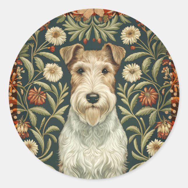 Sticker Rond Wire Fox Terrier in William Morris Floral Style (Devant)