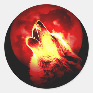 Sticker Rond Wolf Howling à Red Night