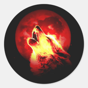 Sticker Rond Wolf Howling à Red Night