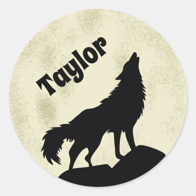 Sticker Rond Wolf Howling at the Moon Illustration personnalisé (Devant)