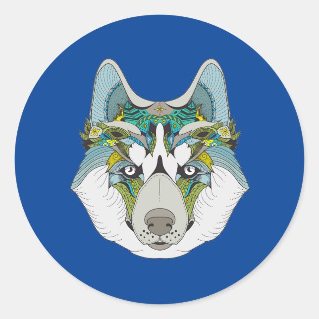 Sticker Rond Wolf husky embelli vert bleu (Devant)