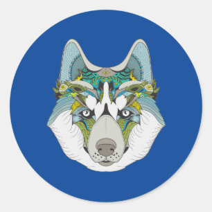 Sticker Rond Wolf husky embelli vert bleu