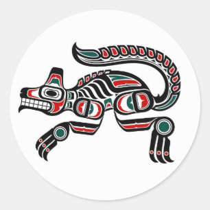Sticker Rond Wolf Turquoise rouge et esprit haïda noir