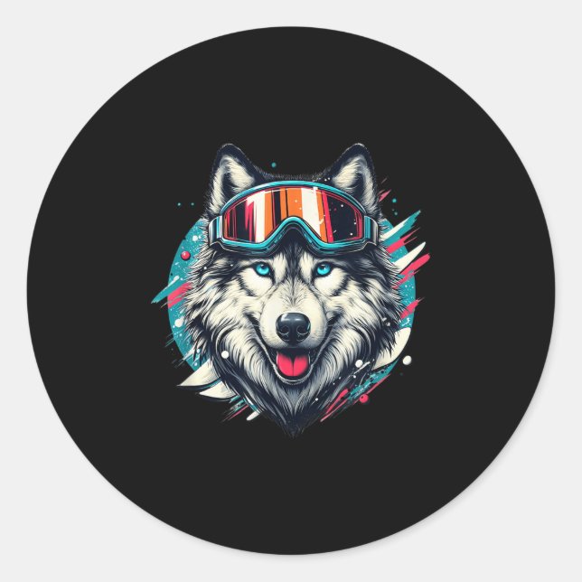 Sticker Rond Wolf Wearing Ski Snowboard Goggles Wolf Skiing Lov (Devant)