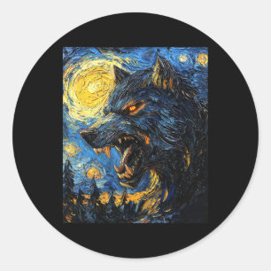 Sticker Rond Wolf Werewolf - Van Gogh Style - Starry Nig