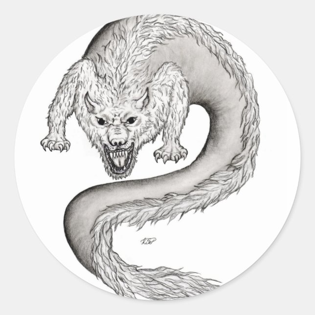 Sticker Rond Wolfdragon noir et blanc Design (Devant)