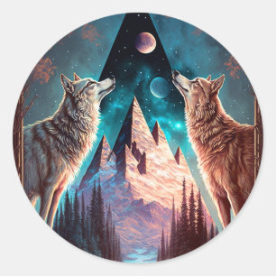 Sticker Rond Wolves Mountain Visionary Imaginaire Art