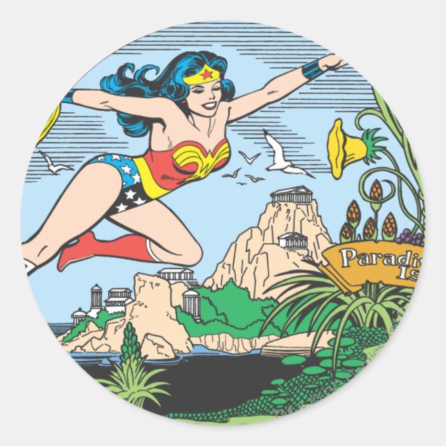 Sticker Rond Wonder Woman Paradise Island (Devant)
