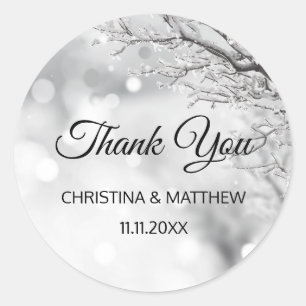 Sticker Rond Wonderland neige Mariage MERCI