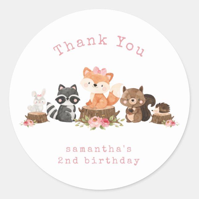 Sticker Rond Woodland animal rose fille Merci d'anniversaire (Devant)
