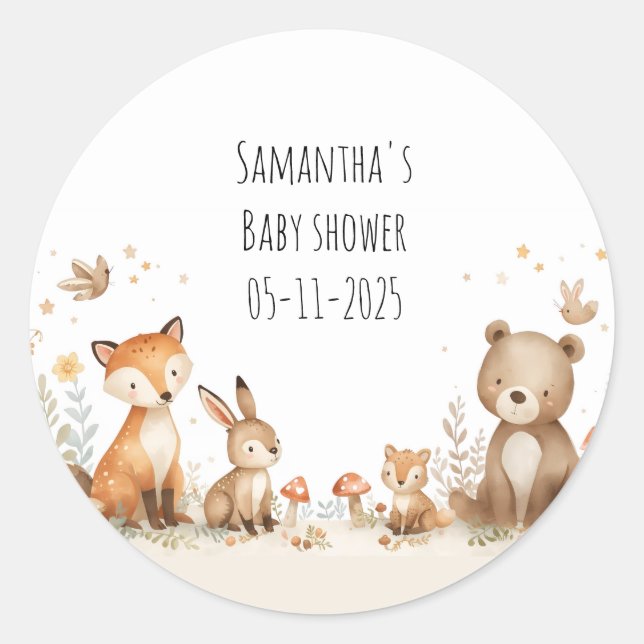Sticker Rond Woodland animals gender neutral baby shower (Devant)