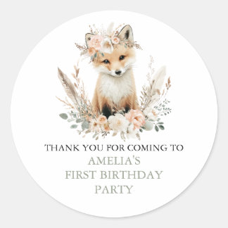 Sticker Rond Woodland Boho Fox Girl Birthday Personnalisé
