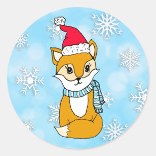 Sticker Rond Woodland Créatures Renard de Noël avec chapeau de 
