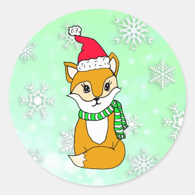 Sticker Rond Woodland Créatures Renard de Noël avec chapeau de  (Devant)