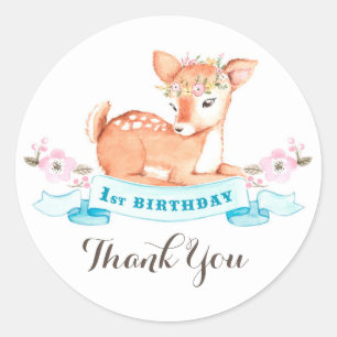 Sticker Rond Woodland Deer premier anniversaire merci autocolla