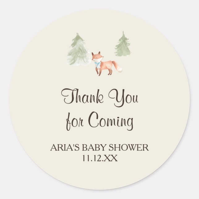 Sticker Rond Woodland Fox Boy Baby shower Favoriser (Devant)