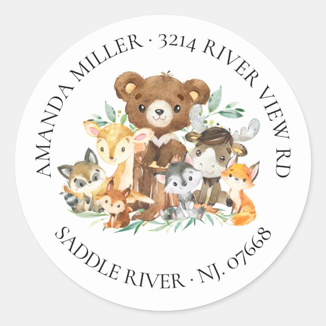 Sticker Rond Woodland Friends Baby shower Adresse de retour Lab (Devant)