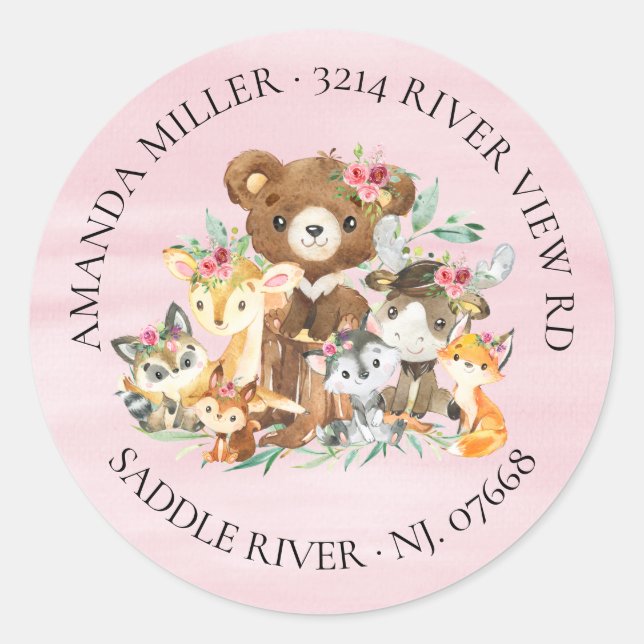 Sticker Rond Woodland Friends Girls Baby shower Adresse de reto (Devant)