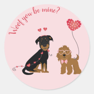Sticker Rond Woof You Be Mine Valentine Dogs