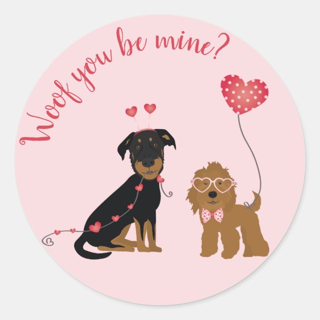 Sticker Rond Woof You Be Mine Valentine Dogs (Devant)