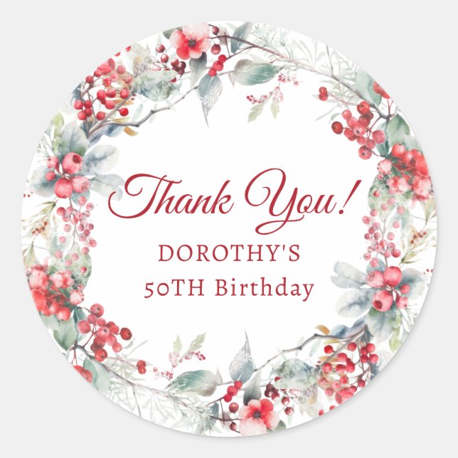Sticker Rond Wreath Berry d'hiver 50e anniversaire Merci Favor (Devant)