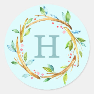 Sticker Rond Wreath d'aquarelle Monogramme personnalisé