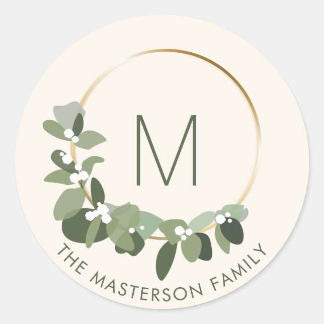 Sticker Rond Wreath de Noël moderne | Monogramme | nom de famil (Devant)