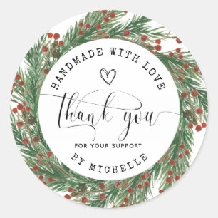 Sticker Rond Wreath de vacances fait main avec amour merci