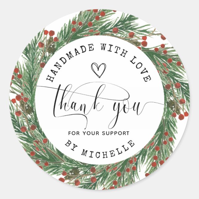 Sticker Rond Wreath de vacances fait main avec amour merci (Devant)